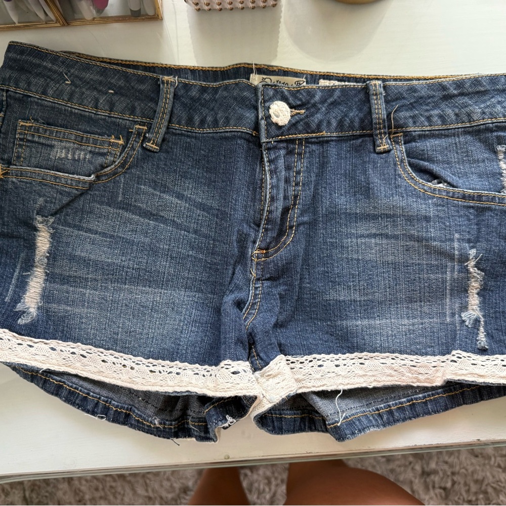 Indigo Rein Blue and White Jean Shorts with Lace Trim